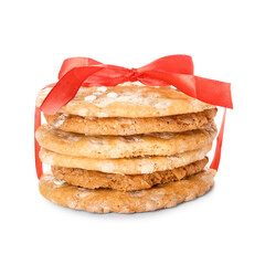 Stack of tasty chocolate cookies with ribbon on white background