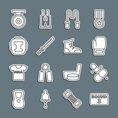 Set line Boxing ring board, Vitamin pill, glove, Jump rope, Japanese katana, helmet, Gong and Sport boxing shoes icon. Vector
