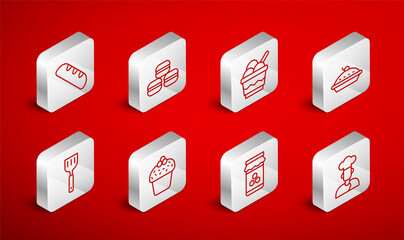 Set line Cook, Macaron cookie, Ice cream in bowl, Homemade pie, Jar of honey, French baguette bread, Cake and Spatula icon. Vector
