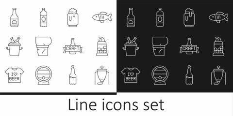 Set line Beer brewing process, Bottle opener, can with foam, belly, bottles ice bucket, and Plastic beer icon. Vector