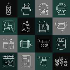 Set line Wheat, Metal beer keg, Beer helmet, Wooden barrel on rack, tap with glass, menu, Plastic bottle and mug icon. Vector