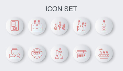Set line Conveyor band, beer, Cold can, Wheat, Street signboard with Beer, Vending machine, Pack of bottles, Bottle cap and tap glass icon. Vector