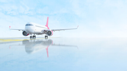 Airplane stands on runway in the soft morning rays on the background of a beautiful blue sky. 3d illustration.