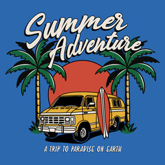 Adventure Mobile with Palms and Surf Board Summer Illustration Artwork Print on Blue Background for Apparel and Other Uses