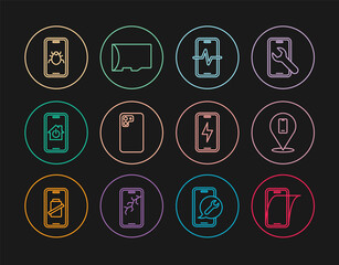 Set line Glass screen protector, Phone repair service, Smartphone, Mobile with smart home, System bug mobile, charging battery and Micro SD memory card icon. Vector