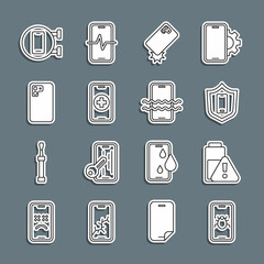 Set line System bug on mobile, Smartphone battery charge, Mobile with shield, Shockproof, Phone repair service, and Waterproof icon. Vector