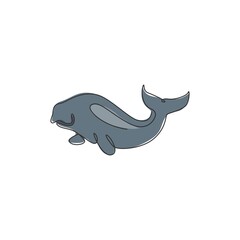 Single continuous line drawing of adorable dugong for marine company logo identity. Sea cow mascot concept for sea world show icon. Modern one line draw design vector graphic illustration