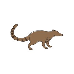 One continuous line drawing of cute coati for company logo identity. Diurnal mammals mascot concept for national zoo icon. Modern single line draw design graphic vector illustration