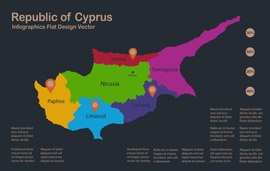Fototapeta na wymiar Infographics Cyprus map, flat design colors, names of individual administrative division, blue background with orange points vector
