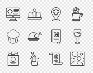 Set line Online ordering and delivery, Cheese, Chef hat with location, Champagne ice bucket, Roasted turkey chicken, Paper financial check and Wine glass icon. Vector