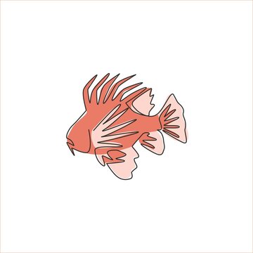 recommend clip art: One single line drawing of terrifying lionfish for company logo identity. Underwater fish creature mascot concept for sea world show icon. Modern continuous line draw design vector illustration