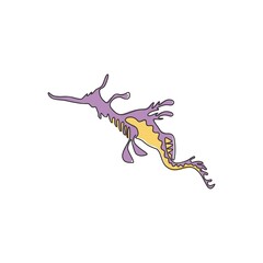 One continuous line drawing of cute leafy seadragon for aquatic logo identity. Camouflage animal mascot concept for sea world show icon. Modern single line draw graphic design vector illustration