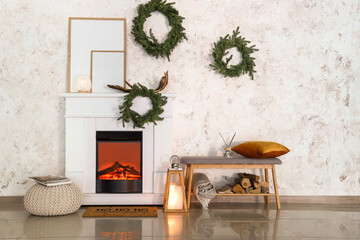 Modern fireplace decorated for Christmas eve
