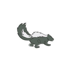 One single line drawing of adorable striped skunk for company logo identity. Sprayer liquid with stink smell animal mascot concept for zoo icon. Modern continuous line draw design vector illustration