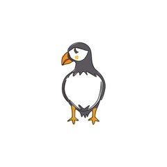 One single line drawing of funny puffin for organisation logo identity. Adorable sea bird mascot concept for national conservation park icon. Modern continuous line draw design vector illustration