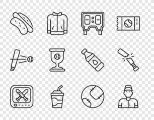 Set line Monitor with baseball game, Baseball player, mechanical scoreboard, Paper glass water, Hotdog sandwich, Award cup, and Broken bat icon. Vector