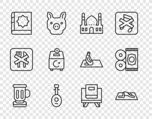 Set line Medieval goblet, Muslim man prays, Mosque, Lute, Holy book of Koran, Donate pay your zakat, and Traditional carpet icon. Vector