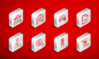 Set line Finance document, Briefcase and money, Car leasing percent, Mobile banking, Dollar plant, Bank building, Coin with dollar and Money bag icon. Vector