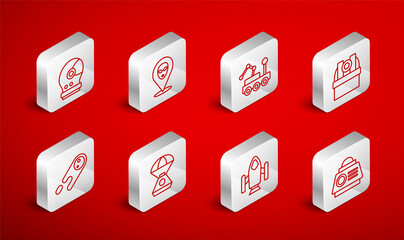 Set line Space capsule, Alien, Mars rover, Astronomical observatory, Rocket ship, Astronaut helmet, and Comet falling down fast icon. Vector