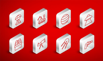 Set line Ray gun, Mars rover, Planet, UFO flying spaceship, Satellite, Space capsule, Telescope and Astronomical observatory icon. Vector