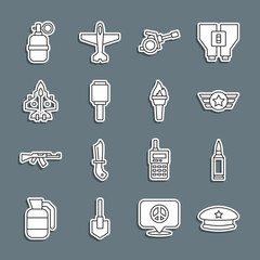 Set line Military beret, Bullet, Star American military, Howitzer, Anti-tank hand grenade, Jet fighter, Hand and Torch flame icon. Vector