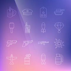 Set line Hand grenade, Bomb explosion, Parachute, Military rank, Walkie talkie, Anti-tank hand, dog tag and Rocket launcher icon. Vector