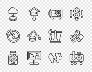 Set line Glass money jar with coin, Drop crude oil price, Safe, Global economic crisis news, Storm, Dollar rate decrease, Broken piggy bank and Credit card icon. Vector