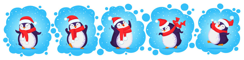 Colored vector illustration with dancing penguins in cartoon style. Great for greeting prints, decor and web design. All elements are isolated.