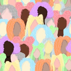 Seamless pattern with girls' faces. Colored female faces in a flat style.