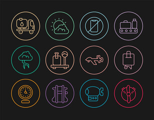 Set line Plane propeller, Suitcase, No cell phone, Scale with suitcase, Storm, Fuel tanker truck, UAV Drone and Sun and cloud weather icon. Vector