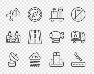 Set line Radar, Plane landing, Scale with suitcase, Cloud rain, Warning aircraft, Airport runway, Metal detector airport and Fuel tanker truck icon. Vector