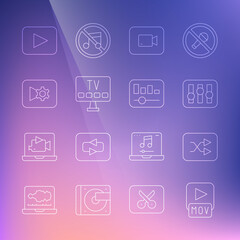 Set line MOV file, Arrow shuffle, Sound mixer controller, Play video button, Smart Tv, Music or settings, and equalizer icon. Vector