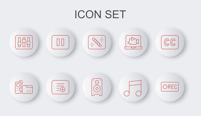 Set line Record button, Cinema camera, Photo retouching, Music note, tone, Sound mixer controller, Pause, Add playlist and Stereo speaker icon. Vector