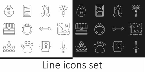 Set line Dagger, Pirate treasure map, Medieval helmet, Magic stone ring, Chest, Video game bar, Arrow and Card collection icon. Vector