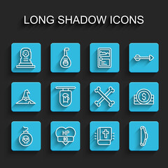 Set line Bomb ready to explode, Video game bar, Grave with tombstone, Holy bible book, Medieval bow, Street signboard Bar, Ancient coin and Crossed human bones icon. Vector