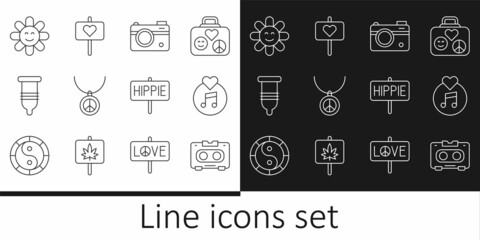 Set line Retro audio cassette tape, Vinyl disk, Photo camera, Necklace with peace symbol, Condom, Flower, Peace and icon. Vector