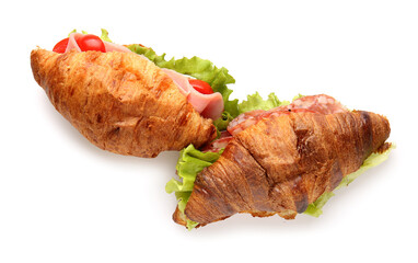 Delicious croissant sandwiches on white background