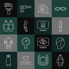 Set line Aqualung, Diving hood, knife, Scallop sea shell, Action extreme camera and icon. Vector