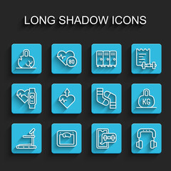 Set line Treadmill machine, Bathroom scales, Broken weight, Fitness app, Headphones, Heartbeat increase, Weight and Socks icon. Vector