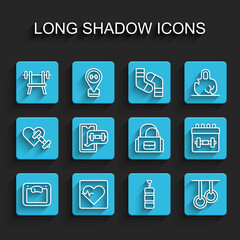 Set line Bathroom scales, Heart rate, Bench with barbell, Punching bag, Gymnastic rings, Fitness app, Calendar fitness and Sport icon. Vector