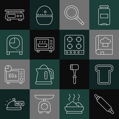 Set line Rolling pin, Bread toast, Cookbook, Frying pan, Microwave oven, Kitchen timer, Electronic scales and Gas stove icon. Vector