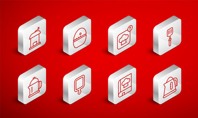 Set line Electric kettle, Kitchen timer, Chef hat, Barbecue spatula, Cookbook, Manual coffee grinder, Cutting board and French press icon. Vector