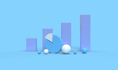 3d rendering of figures, composition on the topic of graphs, analytics, statistics. Figures are columns of graphs. Modern minimal style. Blue background.