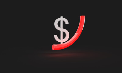 Dollar symbol on a dark background. 3d rendering on the topic of money, purchases, credit, deposit, shares, bank. Modern, minimal style. The red figure is up.