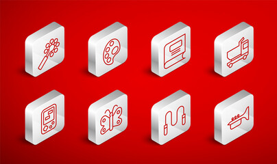 Set line Trumpet, Palette, Book, Toy truck, Jump rope, Rattle baby toy, Butterfly and Tetris electronic game icon. Vector