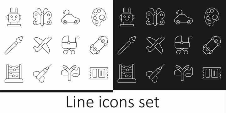 Set line Circus ticket, Skateboard, Radio controlled car toy, Toy plane, Paint brush, Robot, Baby stroller and Butterfly icon. Vector