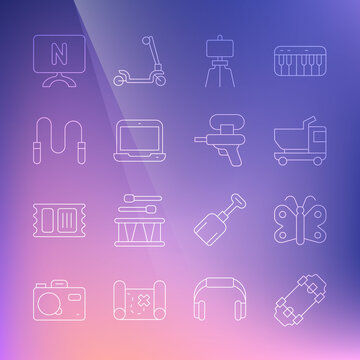Set line Skateboard, Butterfly, Toy truck, Wood easel, Laptop, Jump rope, Smart Tv and Water gun icon. Vector