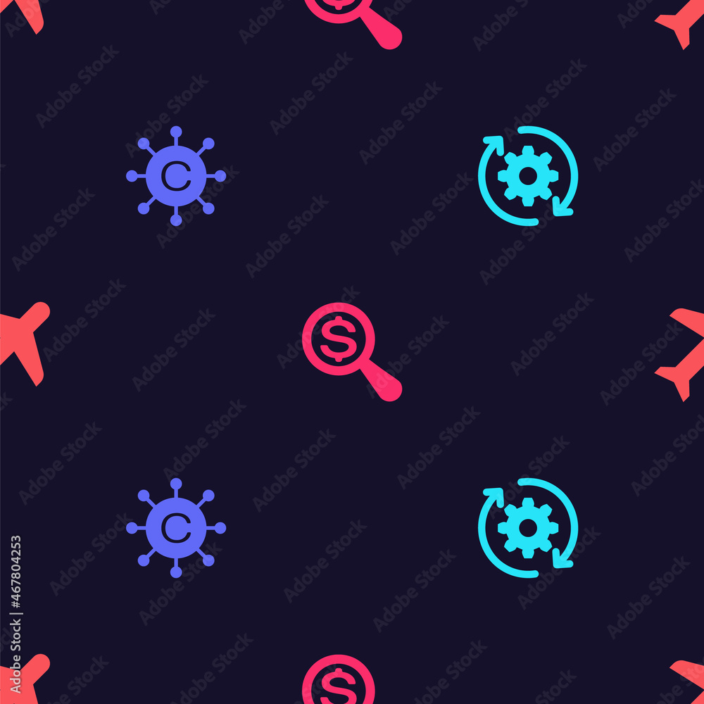 Poster set gear and arrows as workflow, copywriting network, magnifying glass dollar and plane on seamless 