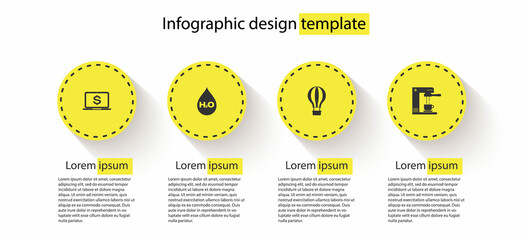 Set Laptop with dollar, Water drop H2O, Hot air balloon and Coffee machine and cup. Business infographic template. Vector