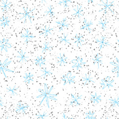 Hand Drawn Snowflakes Christmas Seamless Pattern. Subtle Flying Snow Flakes on chalk snowflakes Background. Alive chalk handdrawn snow overlay. Precious holiday season decoration.
